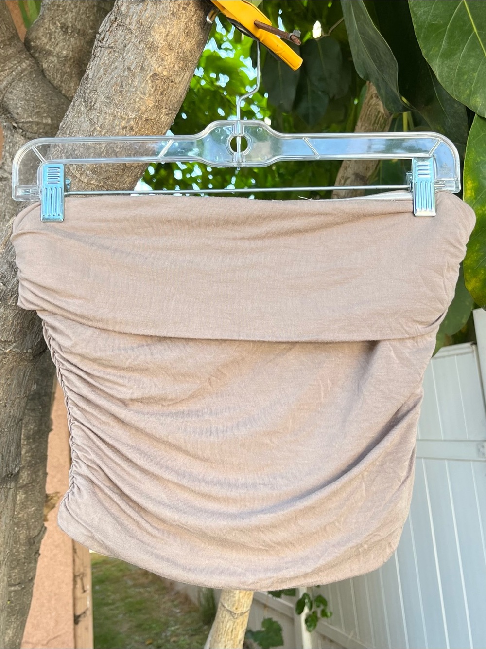 White Fox Boutique Tan Ruched Fold-Over Tube Top.